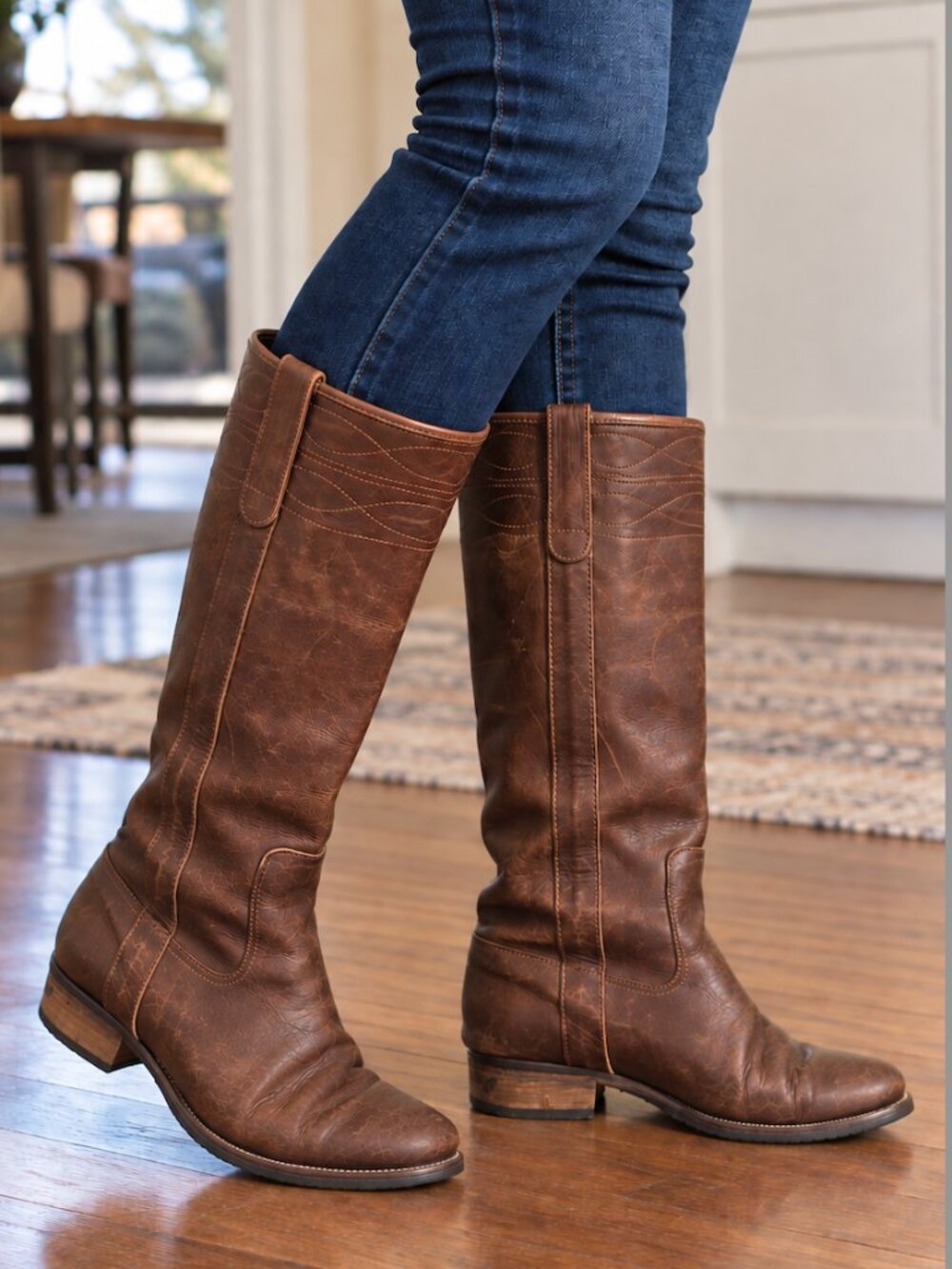 FRYE Jane Stitch Tall Womens Brown Leather Riding Western Boots Distressed Sz 8
